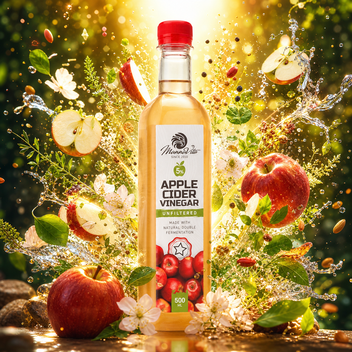 Mannavita niefiltrowany Ocet Jabłkowy z podwójną fermentacją • 500 ml